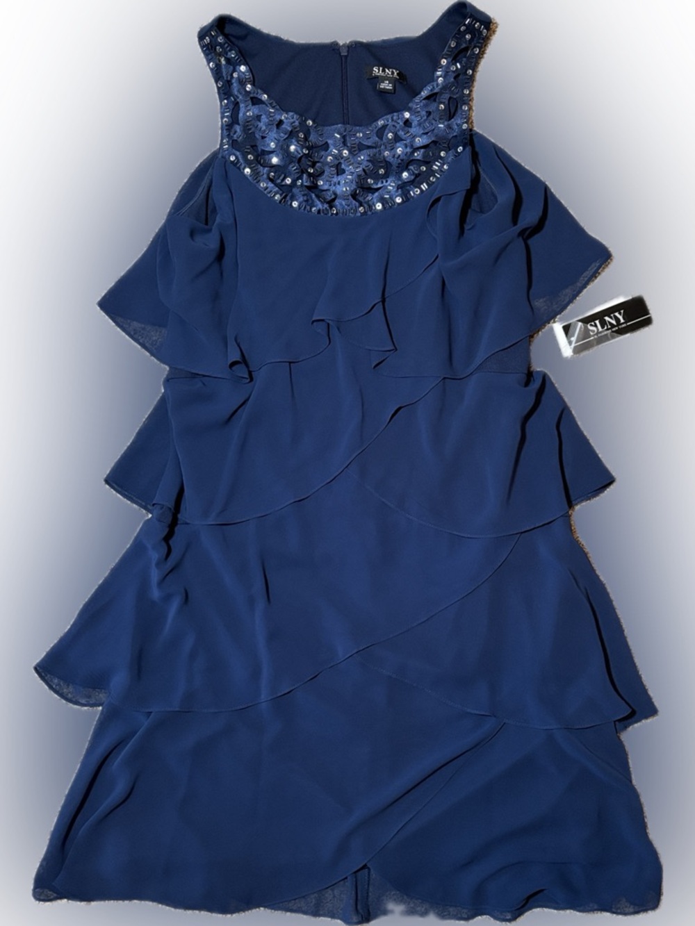 121. SLNY Navy Dress with Embellished Neckline